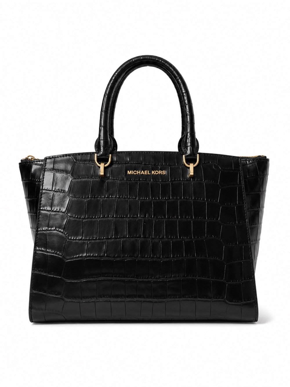 Michael Kors Black Croc-Embossed Leather Top-Handle Satchel with Gold Hardware
